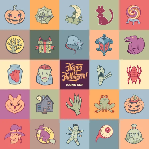 Halloween cartoon icons set. Schets stijl Pastel gekleurde etiketten Pack. — Stockvector