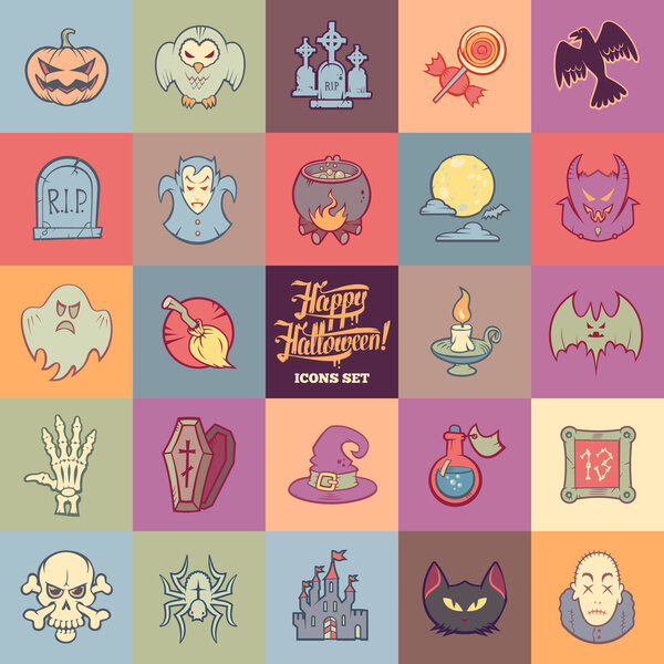 Halloween cartoon icons set. Sketch style pastel colored labels pack.