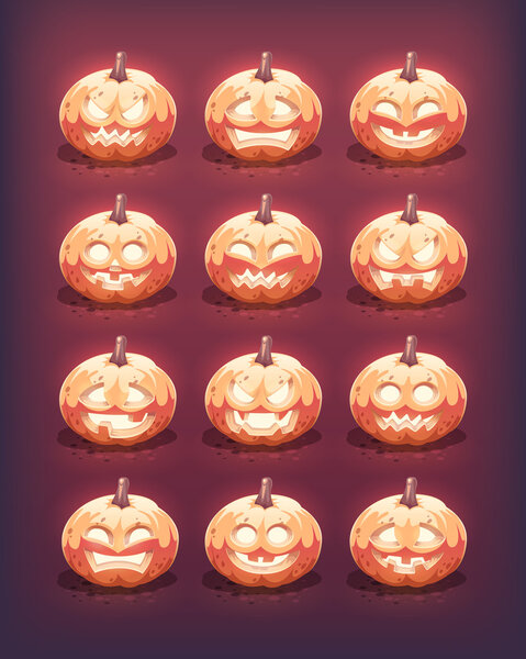 Glowing Halloween pumpkins set. Carved facial emotions. Vector illustration.