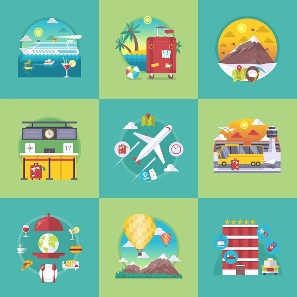 Vector travel banners set. Colorful flat cartoon illustration collection.