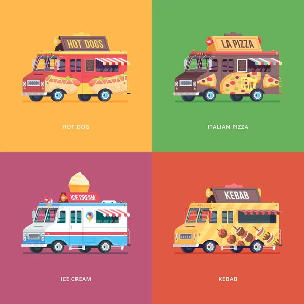 Conjunto de ilustraciones planas de camiones de comida. Composiciones conceptuales de diseño moderno para hot dog, pizza italiana, helado y kebab delivery wagon . — Vector de stock