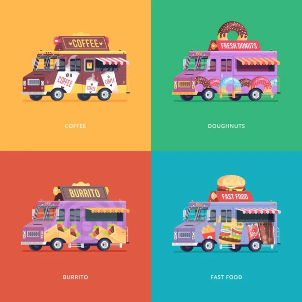 Aantal platte voedsel vrachtwagen illustraties. Moderne design concept composities voor koffie, donuts, burrito en fastfood levering wagon. — Stockvector