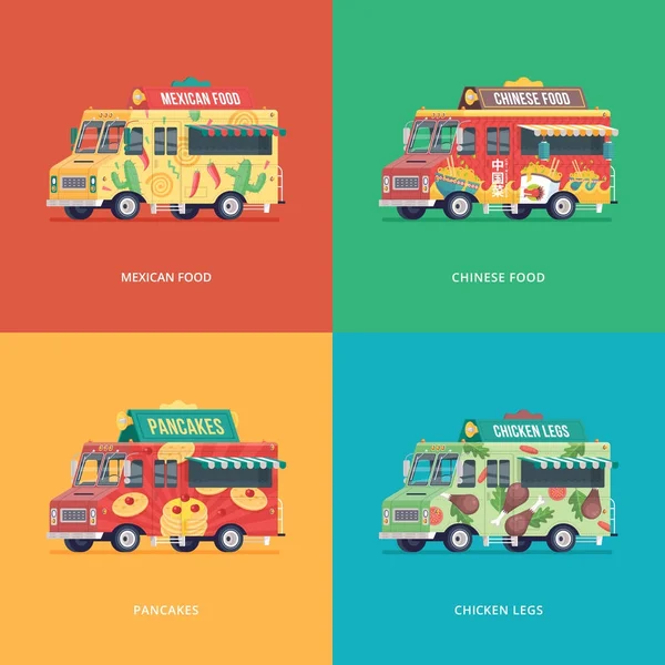 Serie von Foodtruck Illustrationen. modernes Designkonzept Kompositionen für mexikanische Küche, chinesische, Pfannkuchen und Hühnerkeulen Lieferwagen. — Stockvektor