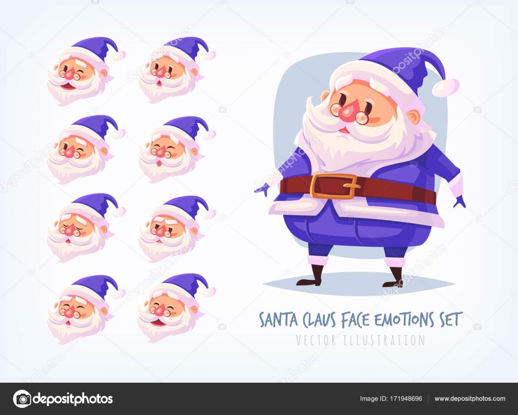 Set Of Blue Suit Santa Claus Face Emotions Icons Cute