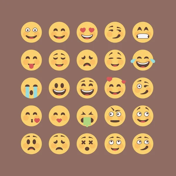 Uppsättning platt enfärgad emoticons, emoji isolerad på brun bakgrund, vektorillustration. — Stock vektor