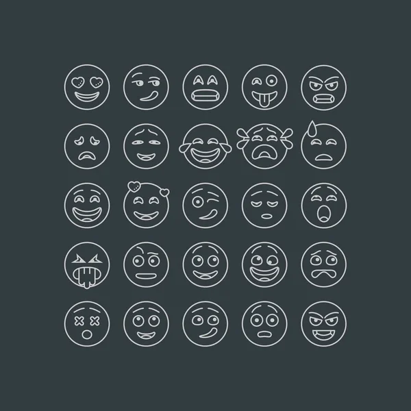 Uppsättning av tunn linje emoticons, emoji isolerad på mörk bakgrund, vektorillustration. — Stock vektor