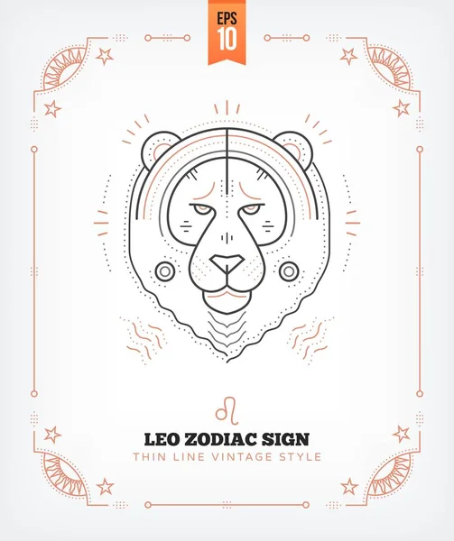 Vintage tunn linje Leo zodiac sign etikett. Retro vektor astrologiska symbol, mystic, helig geometri element, emblem, logotyp. Stroke disposition illustration. Isolerad på vit bakgrund. — Stock vektor