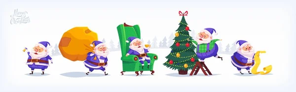 Colección de dibujos animados vector traje azul Santa Claus iconos. Ilustración de Navidad — Archivo Imágenes Vectoriales