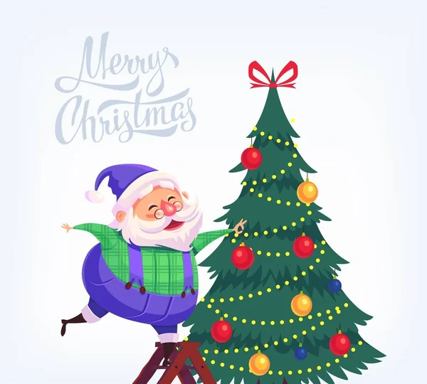 Niedlich cartoon blau anzug weihnachtsmann dekorieren weihnachtsbaum frohe weihnachten vektor illustration grußkarte poster — Stockvektor