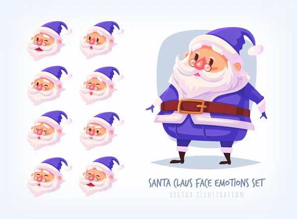 Uppsättning av blå kostym jultomten ansikte känslor ikoner söta tecknade ansikten samling god jul vektorillustration — Stock vektor