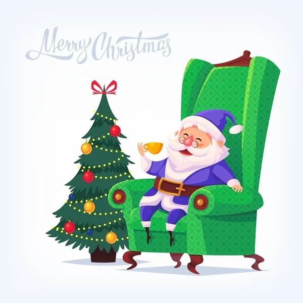 Bonito desenho animado azul terno Papai Noel sentado na cadeira beber chá Feliz Natal vetor ilustração Cartão de saudação cartaz — Vetor de Stock