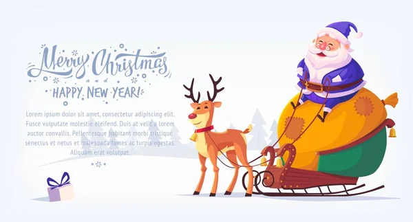 Carino vestito blu cartone animato Babbo Natale seduto in slitta con renna Buon Natale vettore illustrazione banner orizzontale — Vettoriale Stock