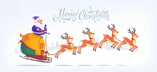 Carino vestito blu cartone animato Babbo Natale equitazione renna slitta Buon Natale vettoriale illustrazione Biglietto di auguri poster banner orizzontale — Vettoriale Stock