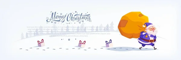 Lindo traje azul de dibujos animados Santa Claus entrega de regalos en bolsa grande Feliz Navidad vector ilustración tarjeta de felicitación cartel — Archivo Imágenes Vectoriales