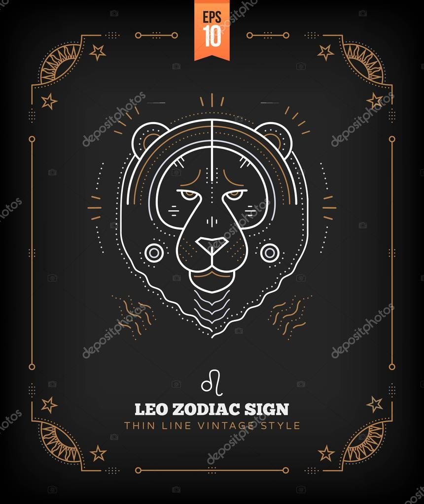 Vintage thin line Leo zodiac sign label. Retro vector astrological symbol, mystic, sacred geometry element, emblem, logo. Stroke outline illustration.