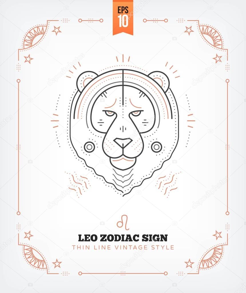 Vintage thin line Leo zodiac sign label. Retro vector astrological symbol, mystic, sacred geometry element, emblem, logo. Stroke outline illustration. Isolated on white background.