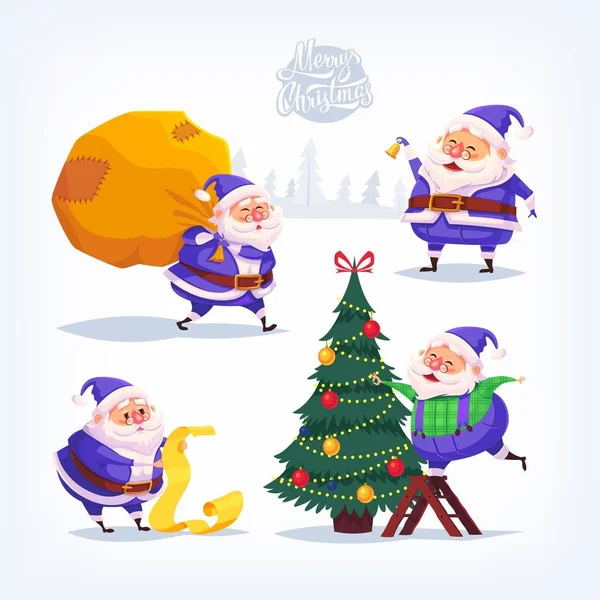 Colección de dibujos animados vector traje azul Santa Claus iconos. Ilustración de Navidad — Archivo Imágenes Vectoriales