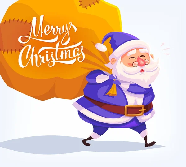 Söta tecknade blå kostym jultomten att leverera gåvor i storsäck god jul vektor illustration gratulationskort affisch — Stock vektor