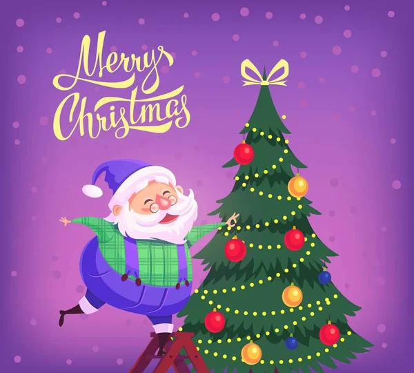 Söta tecknade blå passar jultomten dekorera julgranen god jul vektor illustration gratulationskort affisch — Stock vektor
