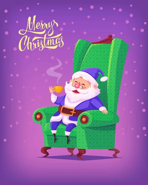 Söta tecknade blå passar jultomten som sitter i stol dricka te god jul vektor illustration gratulationskort affisch — Stock vektor