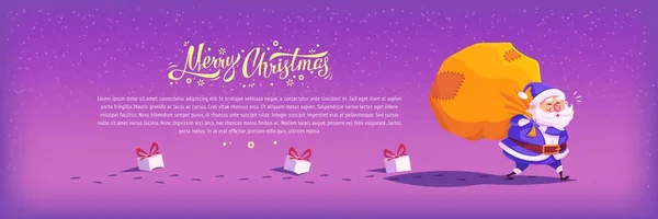 Carino vestito blu cartone animato Babbo Natale consegna regali in big bag Buon Natale vettore illustrazione Biglietto di auguri poster — Vettoriale Stock