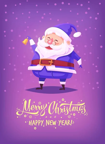 Söta tecknade jultomten bär blå dräkt ringer klocka och leende god jul vektor illustration gratulationskort affisch — Stock vektor