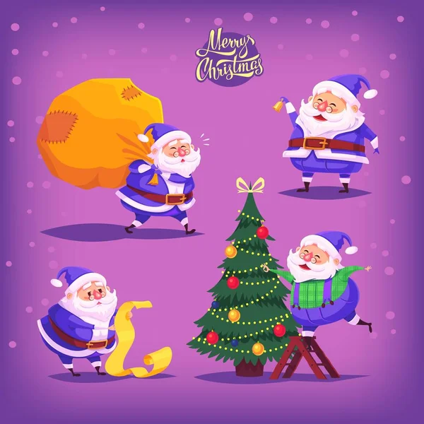 Collezione di cartoni animati vettoriale blu vestito Babbo Natale icone. Illustrazione di Natale — Vettoriale Stock