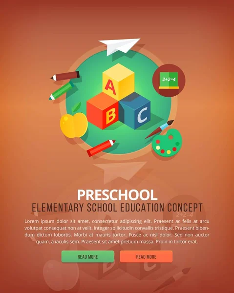 Pasos del proceso educativo. Tipos de recursos de conocimiento. Preescolar. Tema básico y elemental. Conceptos de diseño vertical de educación y ciencia. Estilo moderno plano . — Vector de stock