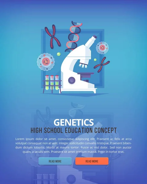 Onderwijs en wetenschap-concept-illustraties. Genetica. Wetenschap van het leven en de oorsprong der soorten. Platte vector ontwerp banner. — Stockvector