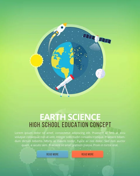 Illustrazioni del concetto di istruzione e scienza. Scienza della Terra e struttura del pianeta. Conoscenza dei fenomeni atmosferici. Bandiera di progettazione vettoriale piatta . — Vettoriale Stock