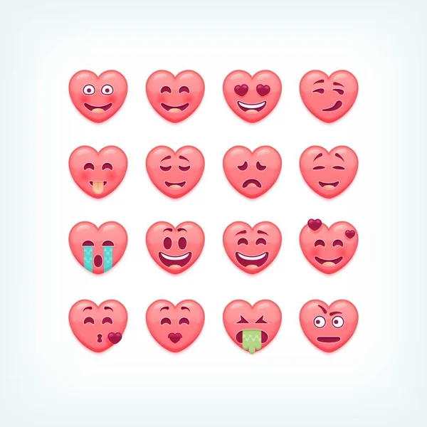 Kalp şekli ifadeler kümesi. Vektör romantik ve Sevgililer smileys, emojies. — Stok Vektör