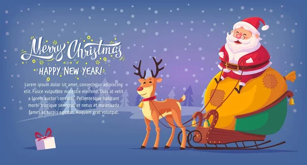 Lindo dibujo animado Santa Claus sentado en trineo con renos Feliz Navidad vector ilustración bandera horizontal — Archivo Imágenes Vectoriales