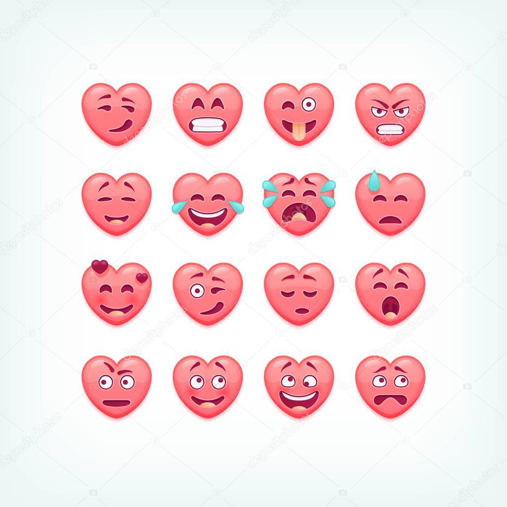 Set of heart shape emoticons. Vector romantic and valentines smileys, emojies.