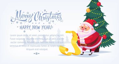 Sevimli çizgi Noel Baba okuma hediye Merry Christmas vektör çizim tebrik kartı poster yatay başlık listesi