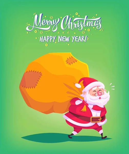 Niedlich cartoon santa claus lieferung von geschenken in big bag frohe weihnachten vektor illustration grußkarte poster — Stockvektor
