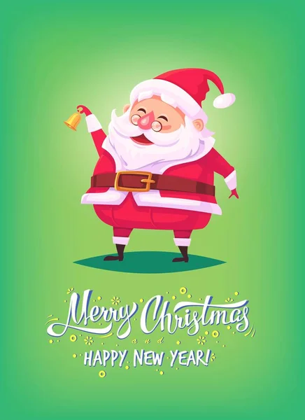 Niedlich cartoon weihnachtsmann klingelnde glocke und lächelnd frohe weihnachten vektor illustration grußkarte poster — Stockvektor