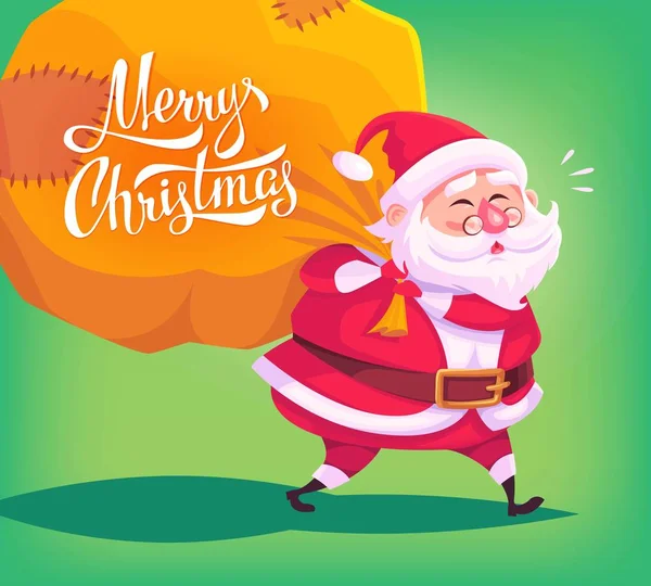 Desenhos animados bonitos Papai Noel entregando presentes em saco grande ilustração vetor Feliz Natal Cartão poster — Vetor de Stock