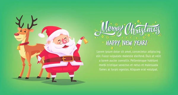 Niedlichen cartoon weihnachtsmann klingelnde glocke mit rentieren frohe weihnachten vektor illustration horizontale banner — Stockvektor