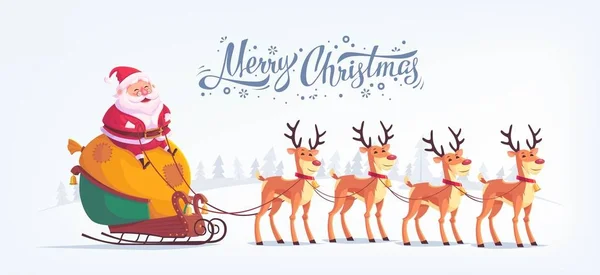 Desenhos animados bonitos Papai Noel equitação rena trenó Feliz Natal vetor ilustração cartão de saudação cartaz horizontal — Vetor de Stock