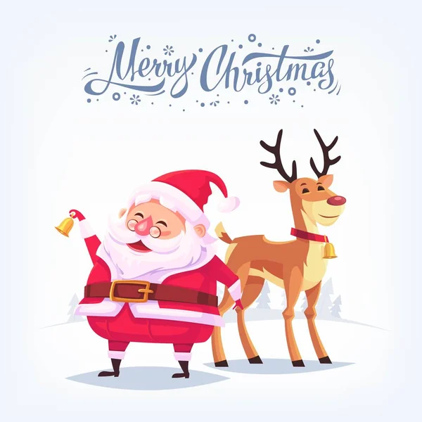 Söta tecknade jultomten ringande bell och roliga renar god jul vektor illustration gratulationskort affisch horisontell banderoll — Stock vektor