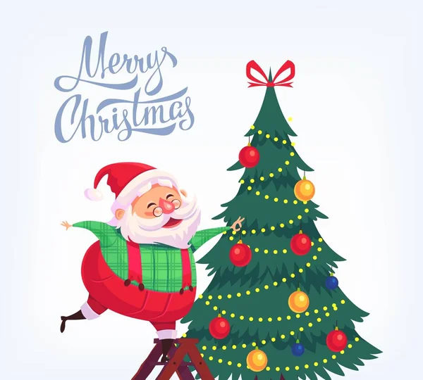 Lindo dibujo animado Santa Claus decorar árbol de Navidad Feliz Navidad vector ilustración tarjeta de felicitación cartel — Vector de stock