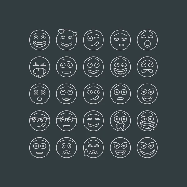 Uppsättning av tunn linje emoticons, emoji isolerad på mörk bakgrund, vektorillustration. — Stock vektor