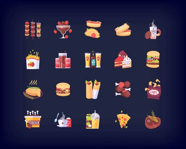 Conjunto de vectores planos de comida rápida iconos — Vector de stock