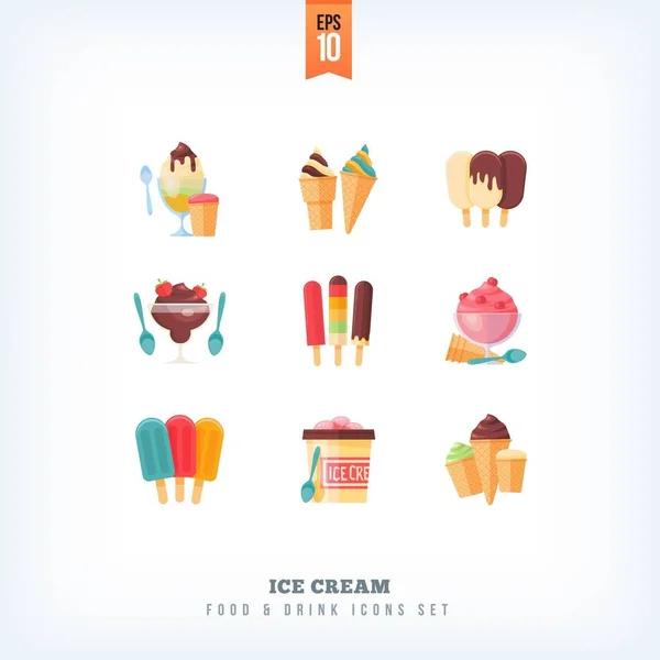 Conjunto de iconos de alimentos planos vectoriales Postres, helados y platos dulces. aislado sobre fondo blanco — Vector de stock