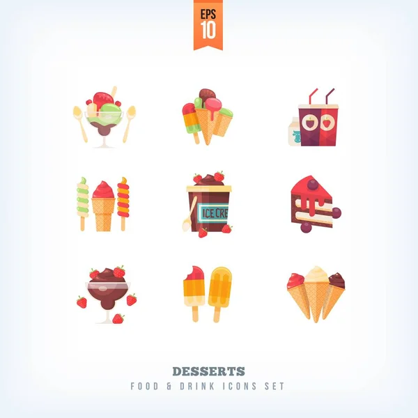 Conjunto de ícones vetoriais de comida plana Sobremesas, sorvete e pratos doces. isolado em fundo branco — Vetor de Stock
