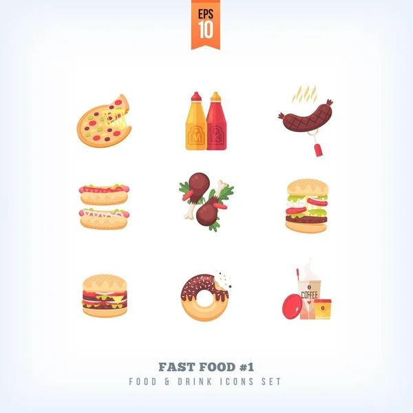 Conjunto de iconos de comida rápida plana vectorial aislados sobre fondo blanco — Vector de stock