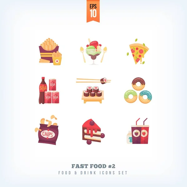 Conjunto de iconos de comida rápida plana vectorial aislados sobre fondo blanco — Vector de stock