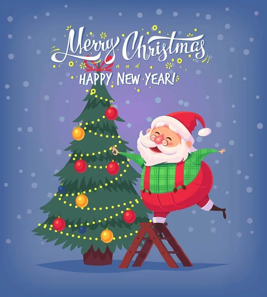 Niedlich cartoon weihnachtsmann dekorieren weihnachtsbaum frohe weihnachten vektor illustration grußkarte poster — Stockvektor
