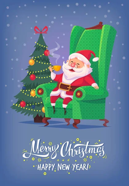 Niedlich cartoon weihnachtsmann claus sitzen im stuhl trinken tee fröhliche weihnachten vektor illustration grußkarte poster — Stockvektor