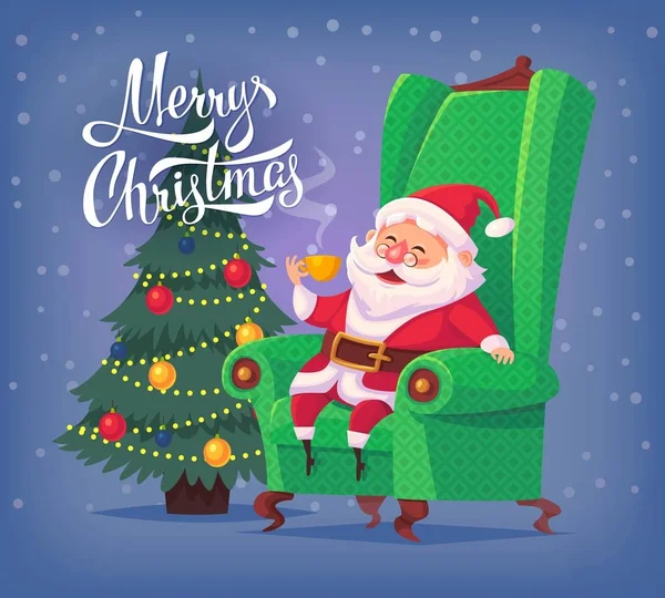 Desenhos animados bonitos Papai Noel sentado na cadeira beber chá Feliz Natal vetor ilustração Cartão de saudação cartaz — Vetor de Stock